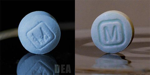 Authentic oxycodone M30 tablet vs Counterfeit oxycodone M30 tablet containing fentanyl